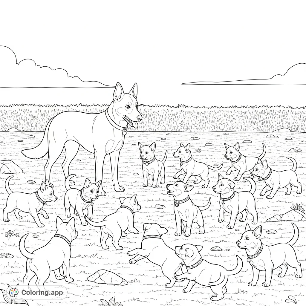 A delightful Australian Kelpie coloring page featuring a proud mother and her ten playful pups, all with collars, romping in a vibrant yard. Perfect for dog lovers!
