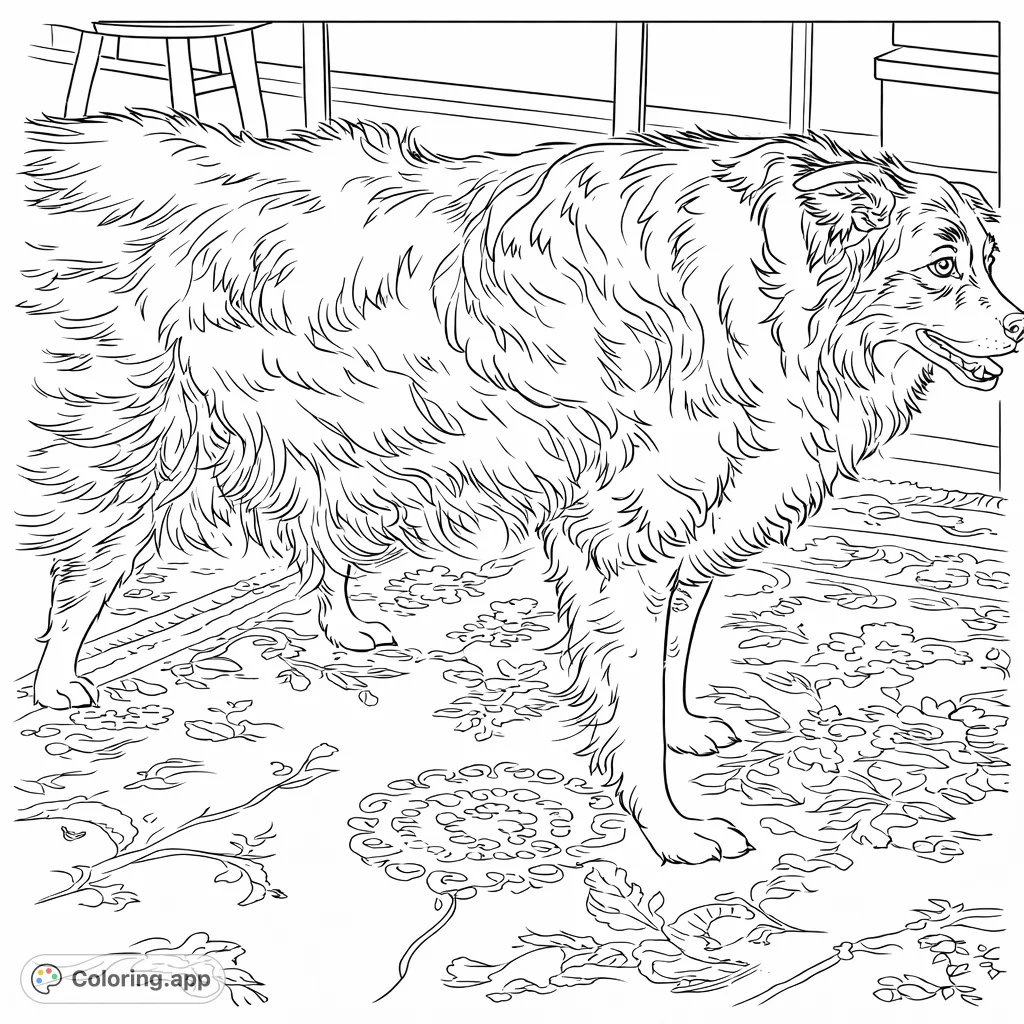 Discover a detailed coloring page featuring a loyal dog with expressive eyes and a textured coat, standing on an ornate rug, ready for your creative touch.