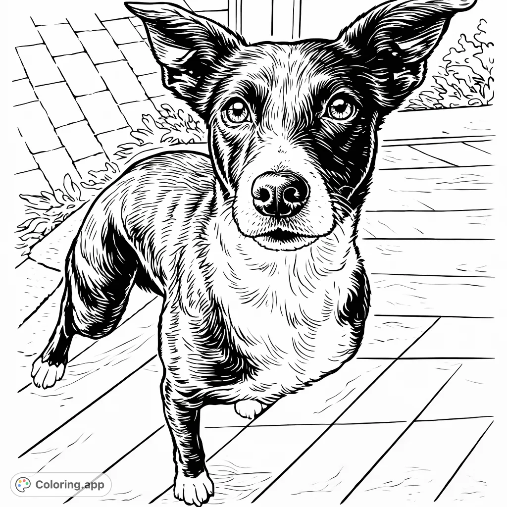 A charming dog with a distinctive facial pattern stands on a wooden deck, looking up with expressive eyes. A delightful pet portrait, perfect for dog lovers.