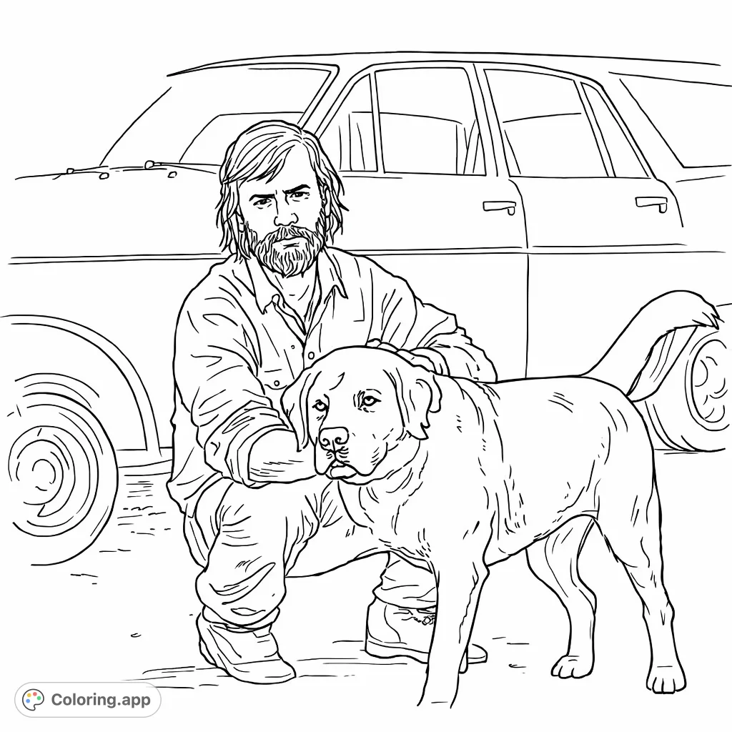 Capture a heartwarming scene of a man gently interacting with his canine companion, set against the backdrop of an automobile. A touching moment for all ages.