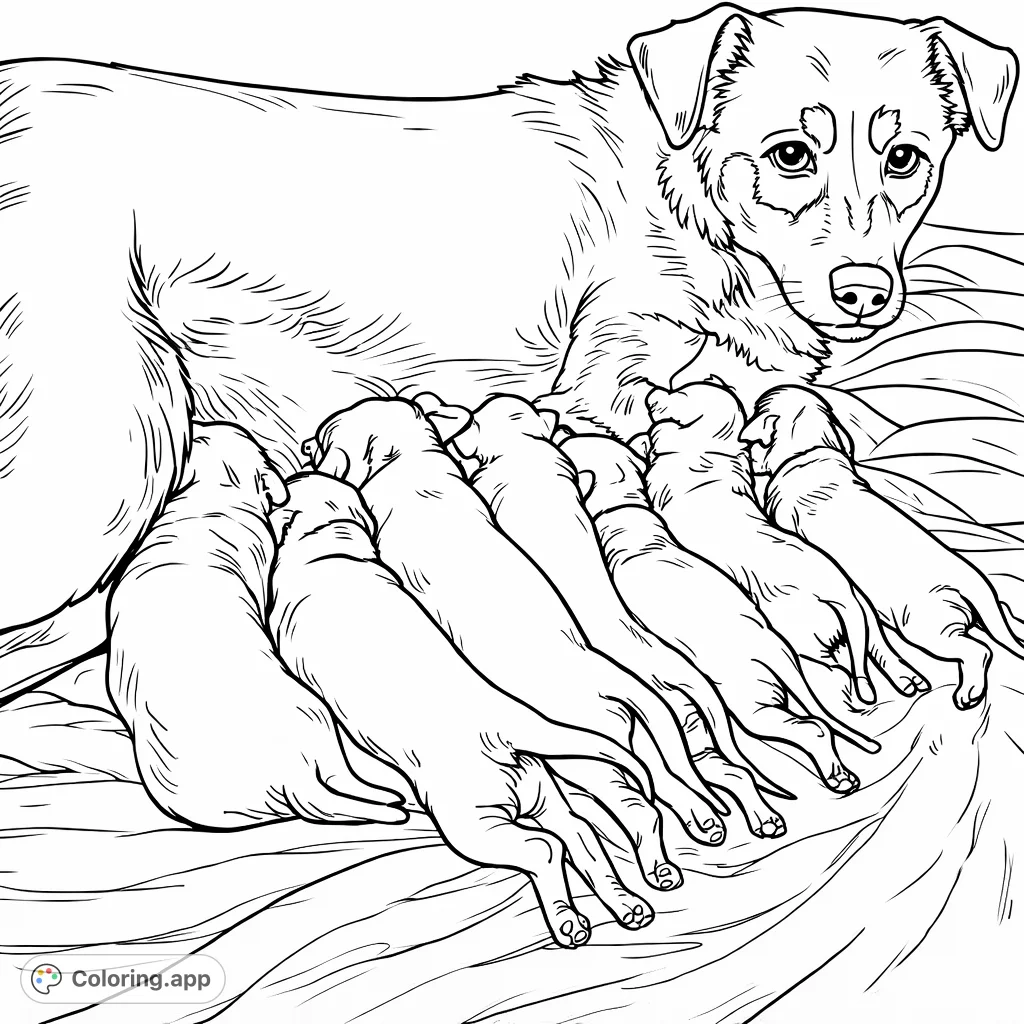 Discover this heartwarming puppy family coloring page featuring a mother dog lovingly tending to her many newborn puppies. A tender scene perfect for all ages.