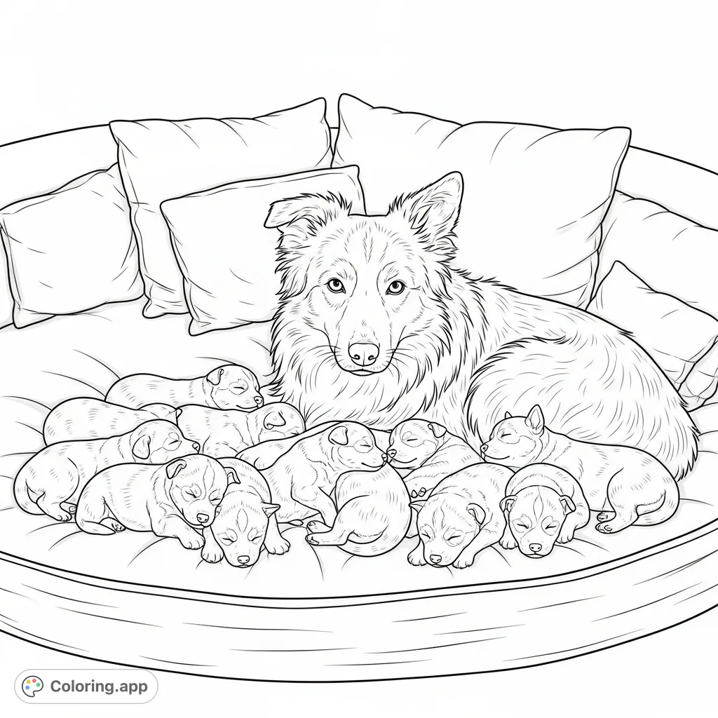 Discover a charming puppies coloring page featuring a border collie mom and her ten mix-breed newborn puppies, nestled in a cozy bed. A heartwarming free printable.
