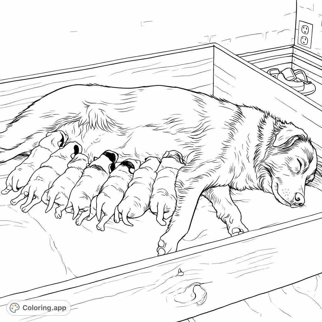 A heartwarming puppies coloring page featuring a mother dog and her adorable litter nestled in their cozy wooden box, a perfect free printable.