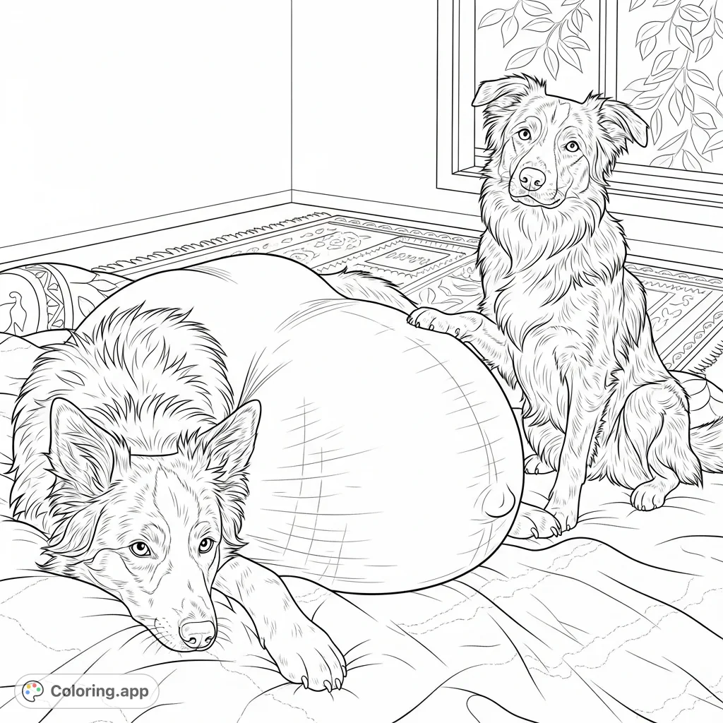 A heartwarming scene featuring a very pregnant Border Collie x Kelpie and her attentive male Border Collie partner, perfect for animal lovers.
