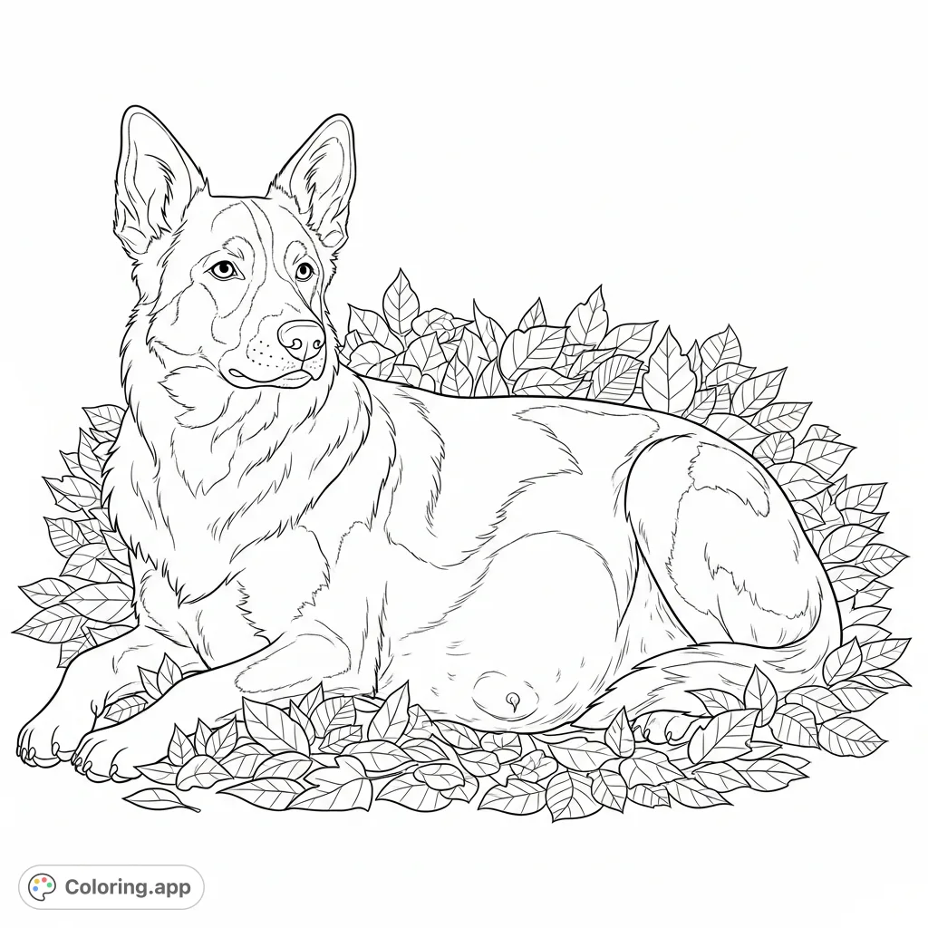 A beautiful pregnant dog, a Border Collie x German Shepherd x Labrador mix, nestled in a cozy bed of leaves. A serene and touching scene for animal lovers.