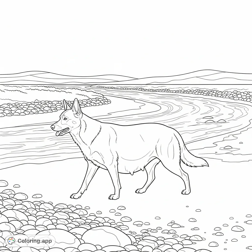 Discover a serene scene featuring a pregnant Australian Kelpie dog enjoying a peaceful walk by a winding river on a vast, sandy beach. A heartwarming dog coloring page for all ages.