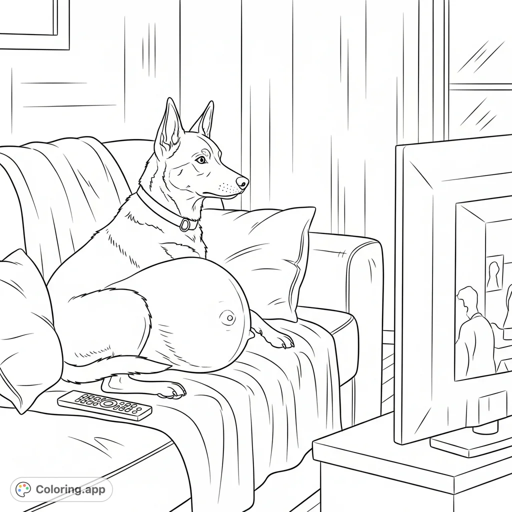 A heartwarming free printable coloring page featuring a pregnant Australian Kelpie relaxing on a sofa, engrossed in television, perfect for dog lovers.