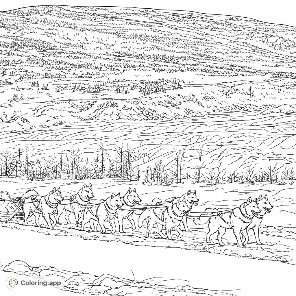 Experience the thrill of the Alaskan wilderness with this dog sled team coloring page. Eight powerful dogs traverse a snow-covered landscape with mountains and trees.