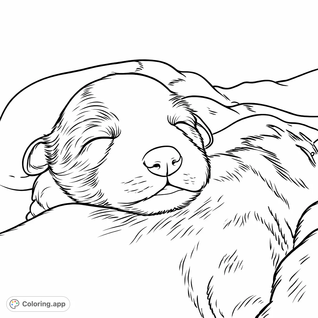 Color this adorable sleeping newborn puppy nestled with its siblings. A heartwarming scene perfect for animal lovers of all ages.