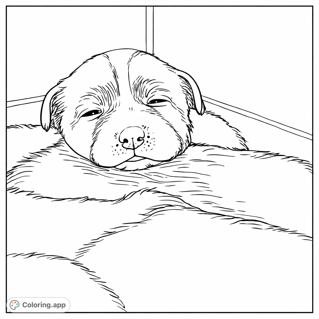 An endearing puppy coloring page featuring a tiny, peacefully sleeping puppy nestled among its siblings, perfect for relaxation and creativity.
