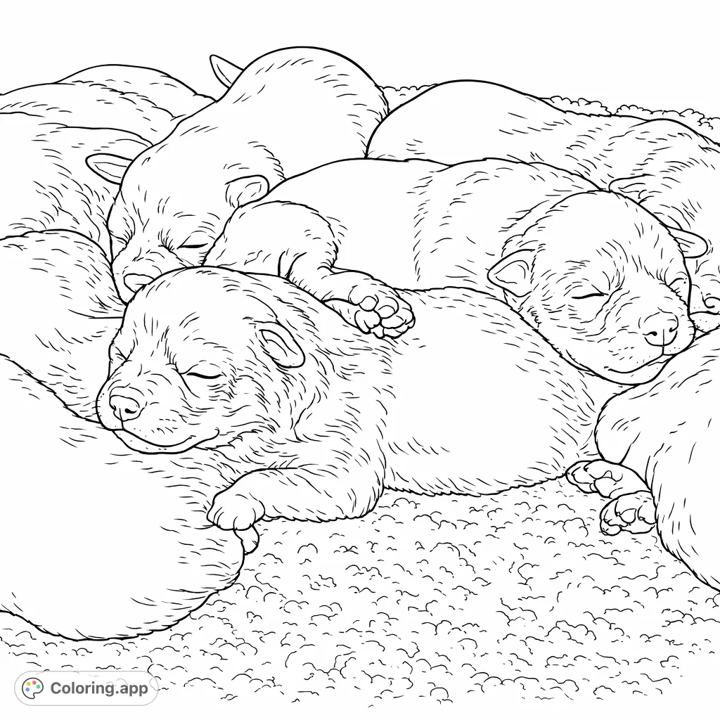 A heartwarming free printable puppy coloring page featuring a cozy pile of sleeping puppies on a soft blanket, perfect for relaxation and animal lovers.