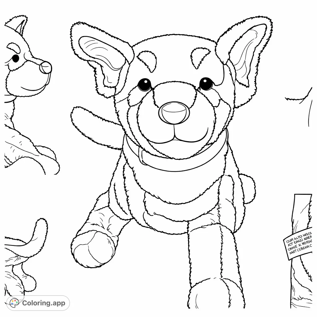 Snuggle up with this cute plush puppy coloring page! Features a sweet, sitting dog with patterned fur and floppy ears, perfect for imaginative coloring fun.
