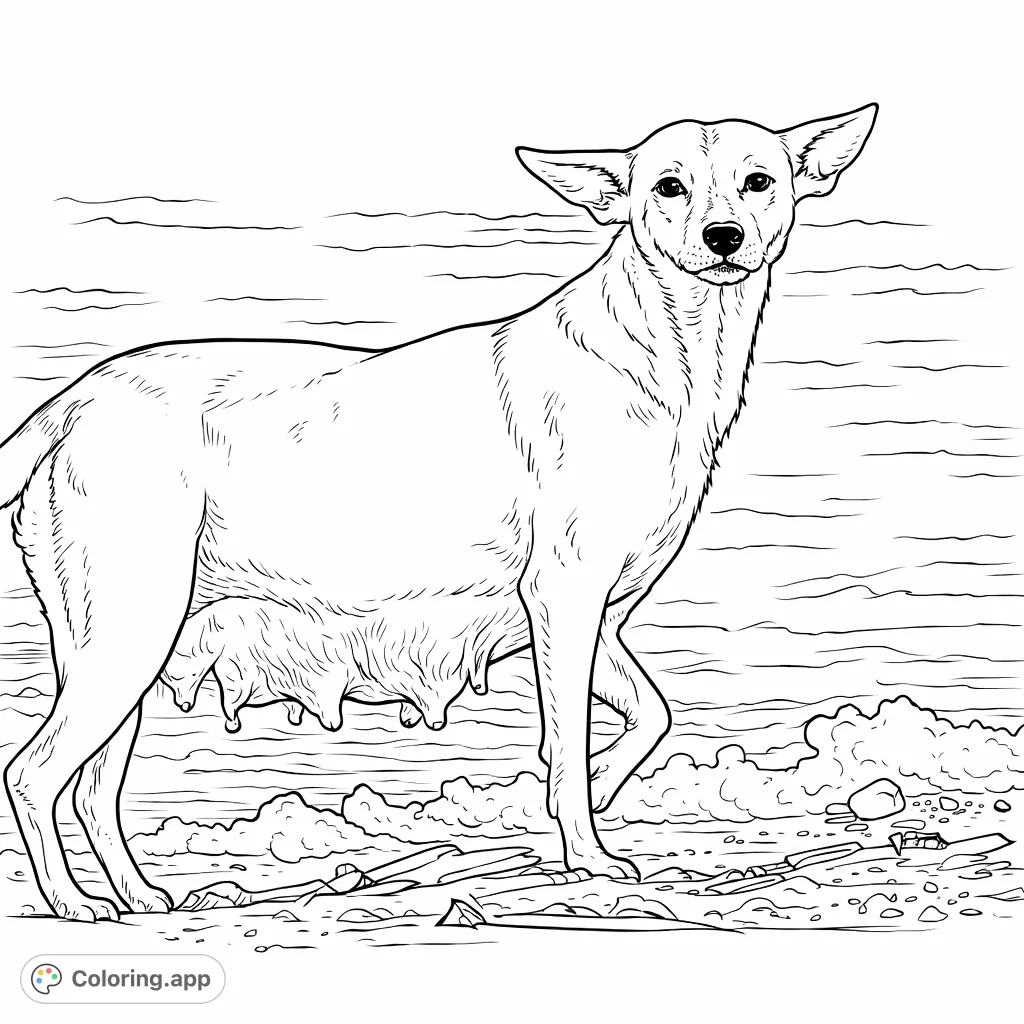 A detailed depiction of a watchful dog standing on a debris-strewn shoreline, with calm water in the background. Perfect for realistic animal coloring.