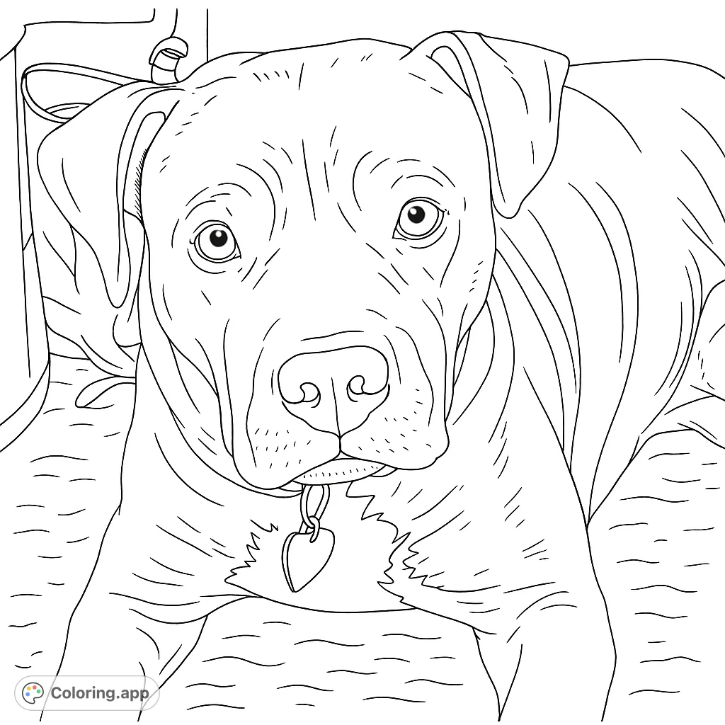 A heartwarming dog portrait coloring page featuring a calm, expressive canine with a distinct chest marking and collar, perfect for animal lovers.