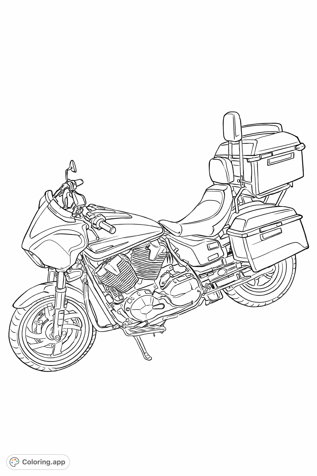 Rev up your creativity with this detailed touring motorcycle coloring page, featuring a powerful engine, gleaming chrome, and a substantial utility vehicle in the background.