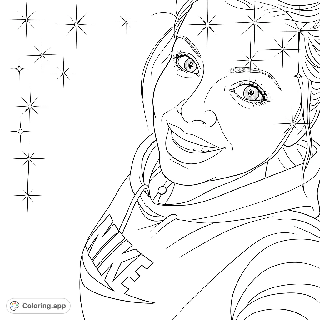 Capture a fun moment with a person sticking out their tongue, wearing a branded hoodie amidst sparkling starbursts. A playful and expressive coloring challenge.