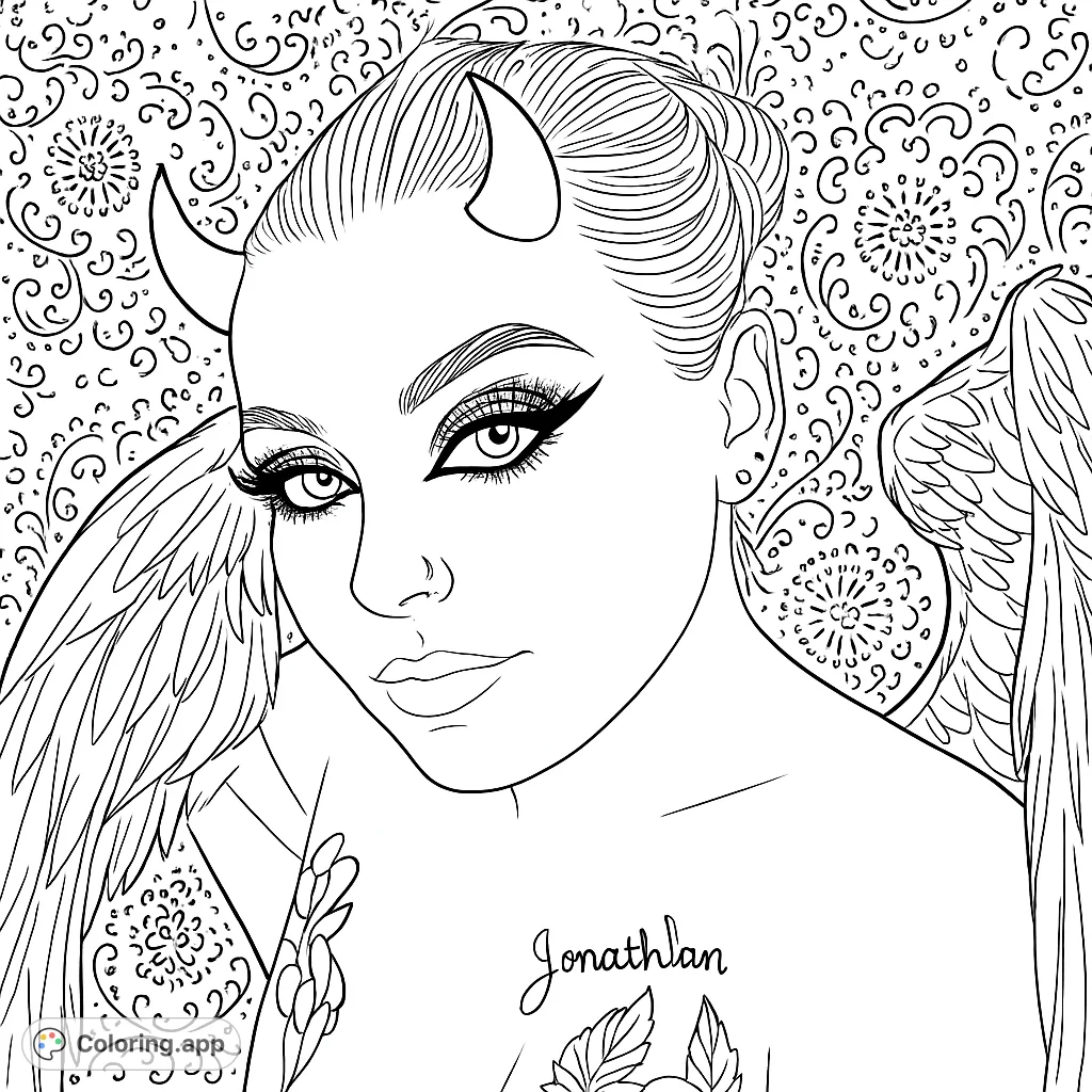 Color a captivating fantasy portrait of a horned and winged figure. Explore intricate feather details, expressive eyes, and a unique patterned background.