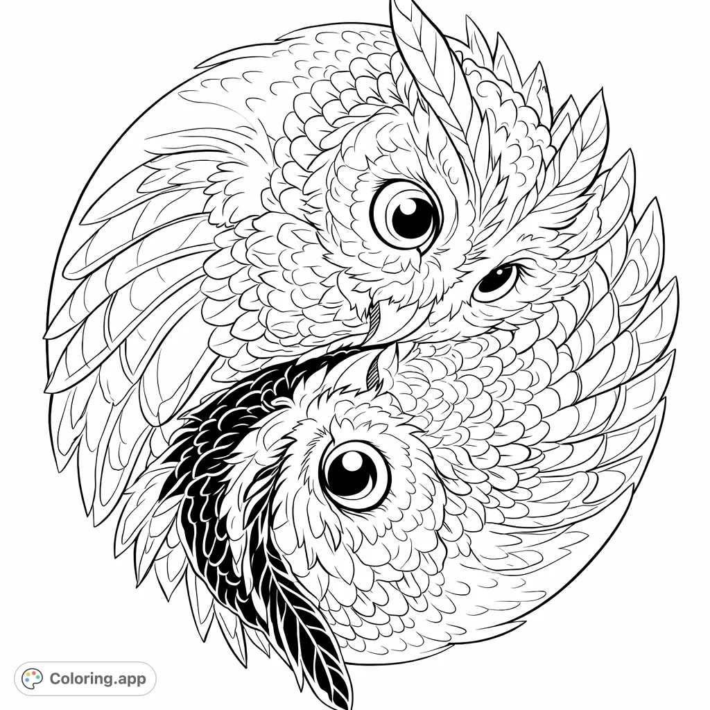 Discover harmony with this intricate Yin Yang Owls coloring page. Two majestic owls intertwine, offering a detailed design for mindful coloring and creative expression.