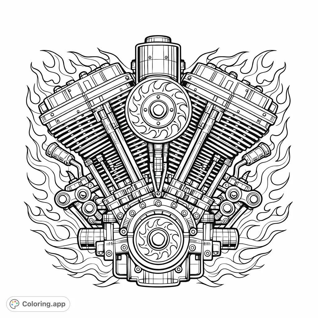 Ignite your creativity with a powerful V-twin engine coloring page, engulfed in dynamic flames. Discover intricate mechanical details and stylized fire.