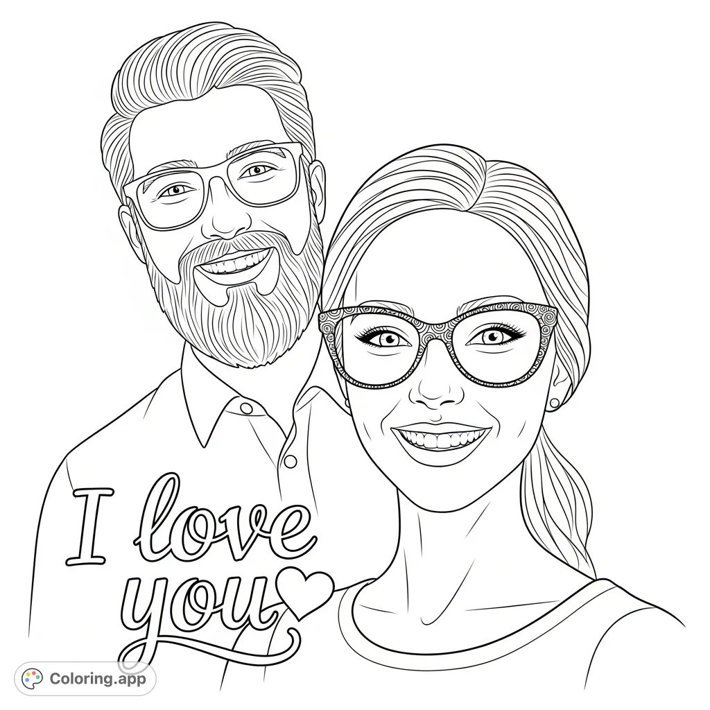 Capture the warmth of a loving bond with this delightful couple portrait. Featuring two smiling individuals and "I love you" text.