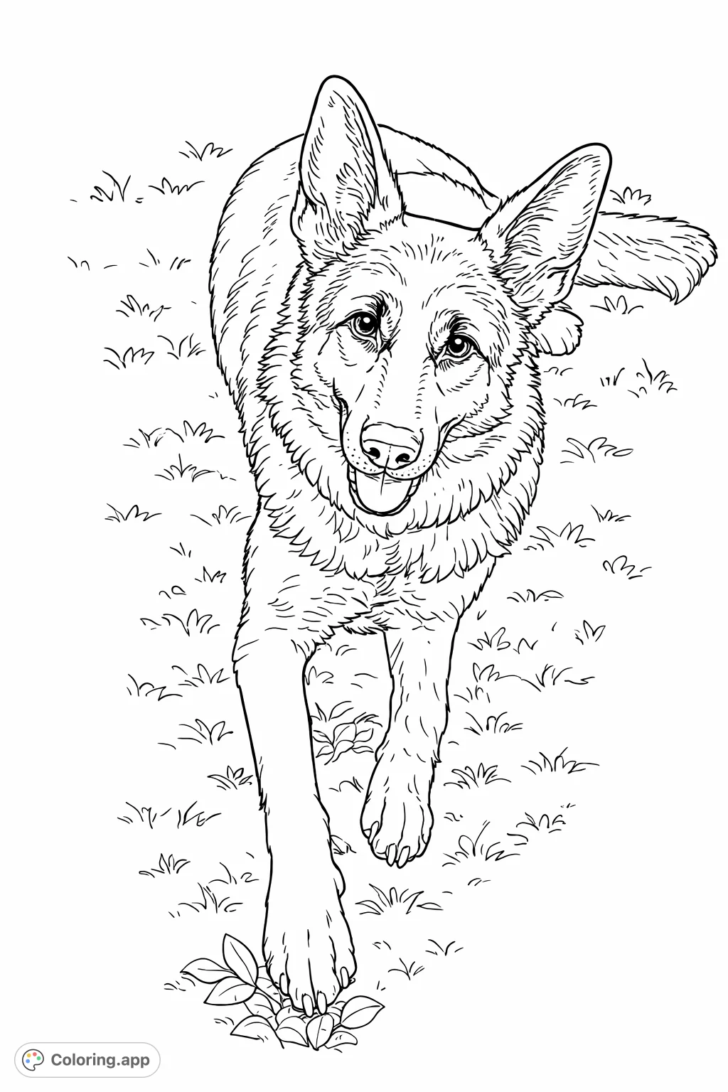 A noble German Shepherd dog awaits your creative touch in this realistic coloring page. Perfect for pet lovers of all ages.