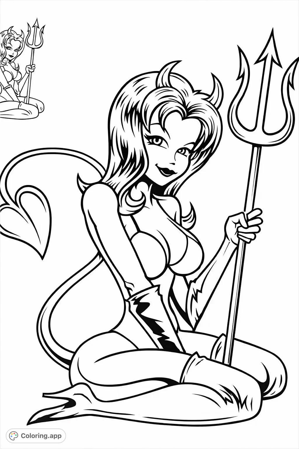 A stylized pin-up devil woman with horns, a heart-tipped tail, and a trident, posing alluringly. Perfect for adult colorists who enjoy fantasy art.
