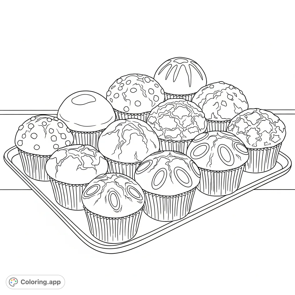 A delightful baker's dozen muffin coloring page featuring various textures and toppings, perfect for all ages. A free printable treat for creative fun!
