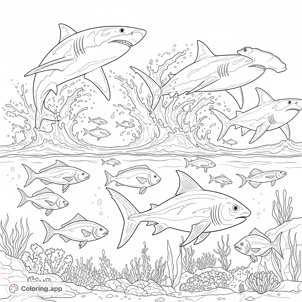 Experience a thrilling underwater world! Sharks breach the surface while fish swim below, creating a dynamic and engaging marine scene for coloring.