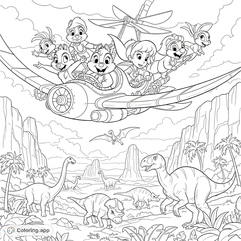Join Chip, Dale, and the Rescue Rangers as they fly over a prehistoric world filled with dynamic dinosaurs! A thrilling adventure awaits your colors.