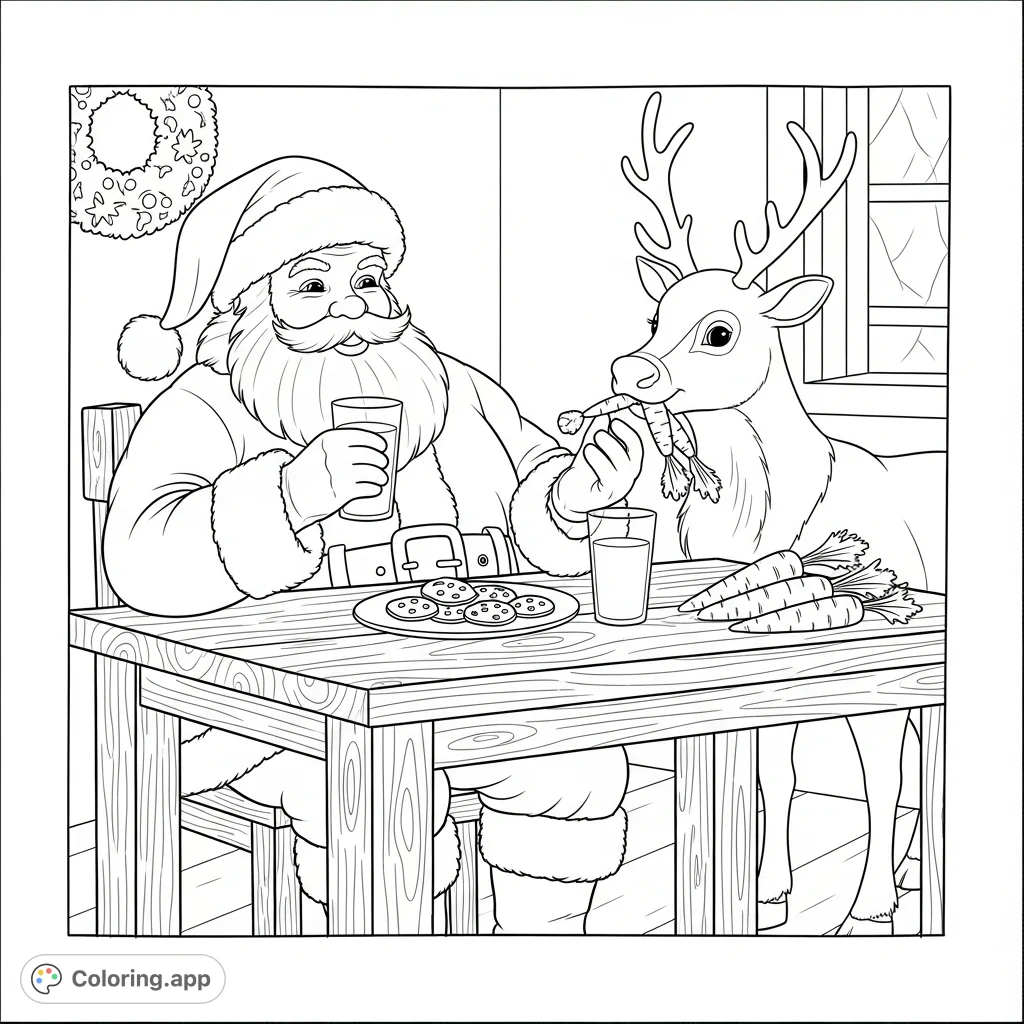 A delightful Christmas coloring page featuring Santa Claus enjoying cookies and milk at a table, while his trusty reindeer munches carrots beside him. A heartwarming holiday scene.