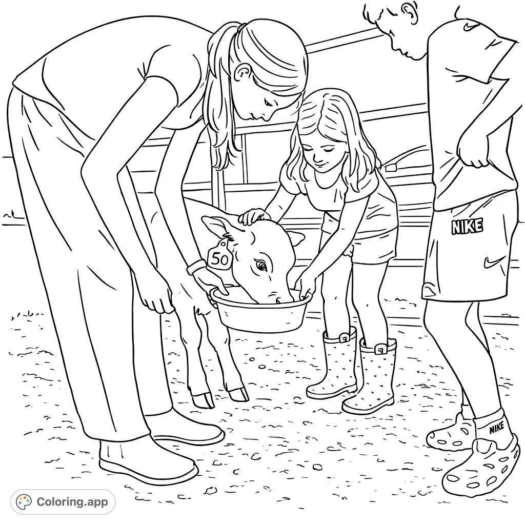 A heartwarming scene of children feeding a sweet calf on a farm. Perfect for young animal lovers, this coloring page offers a simple, charming farm experience.