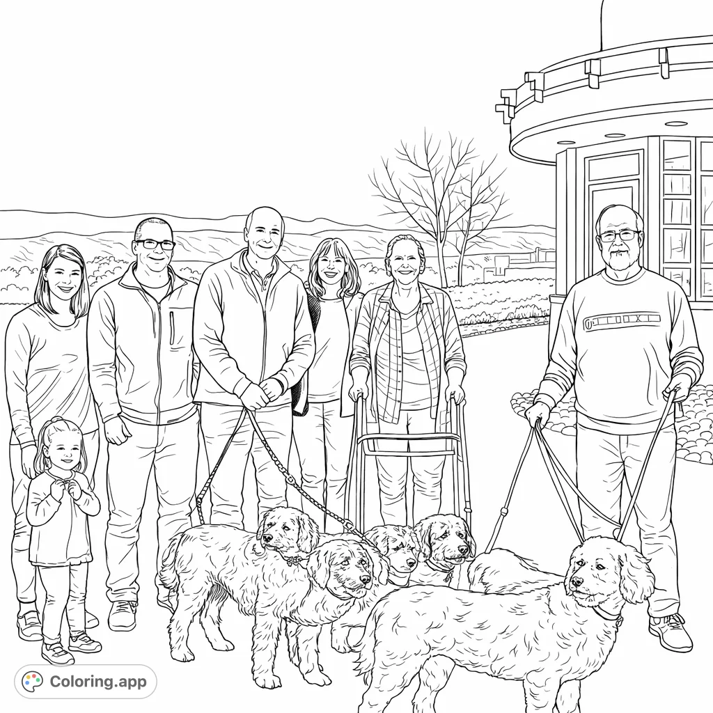 Capture a heartwarming scene of family and furry friends enjoying an outdoor moment, perfect for all ages to color and bring to life.