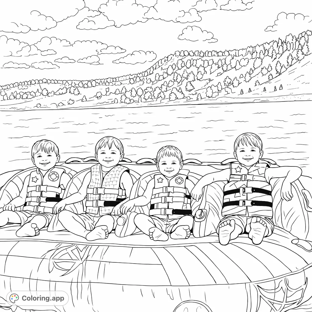 Four smiling children in life vests enjoy a thrilling water tube ride on a lake, with scenic hills and clouds in the background. Fun for all ages!