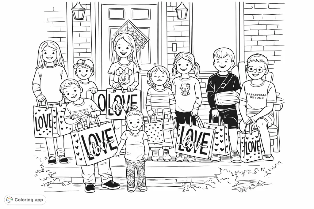 A charming scene of kids holding gift bags with 'LOVE' and heart designs in front of a brick house, perfect for celebrating friendship and family.