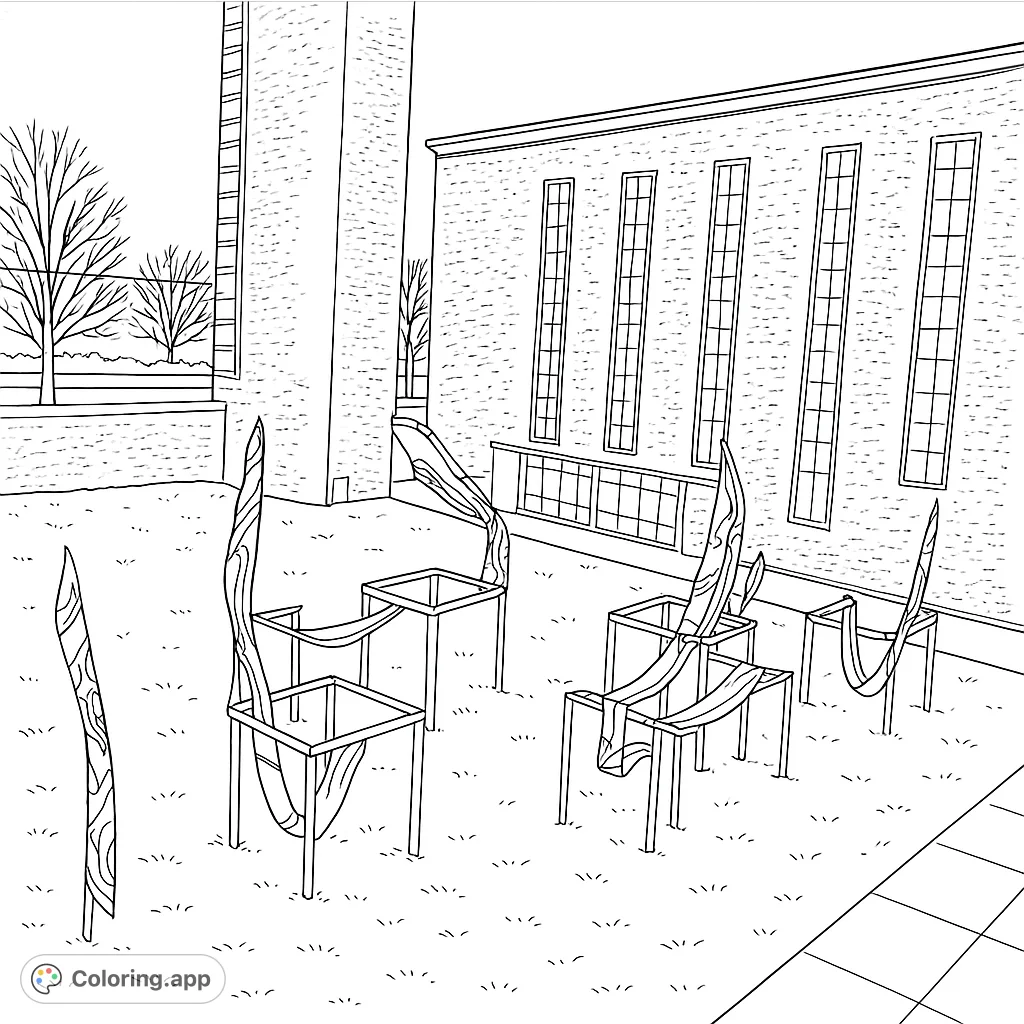 Explore a dynamic outdoor art installation featuring flowing fabric ribbons draped over geometric structures set against a brick building and green lawn.