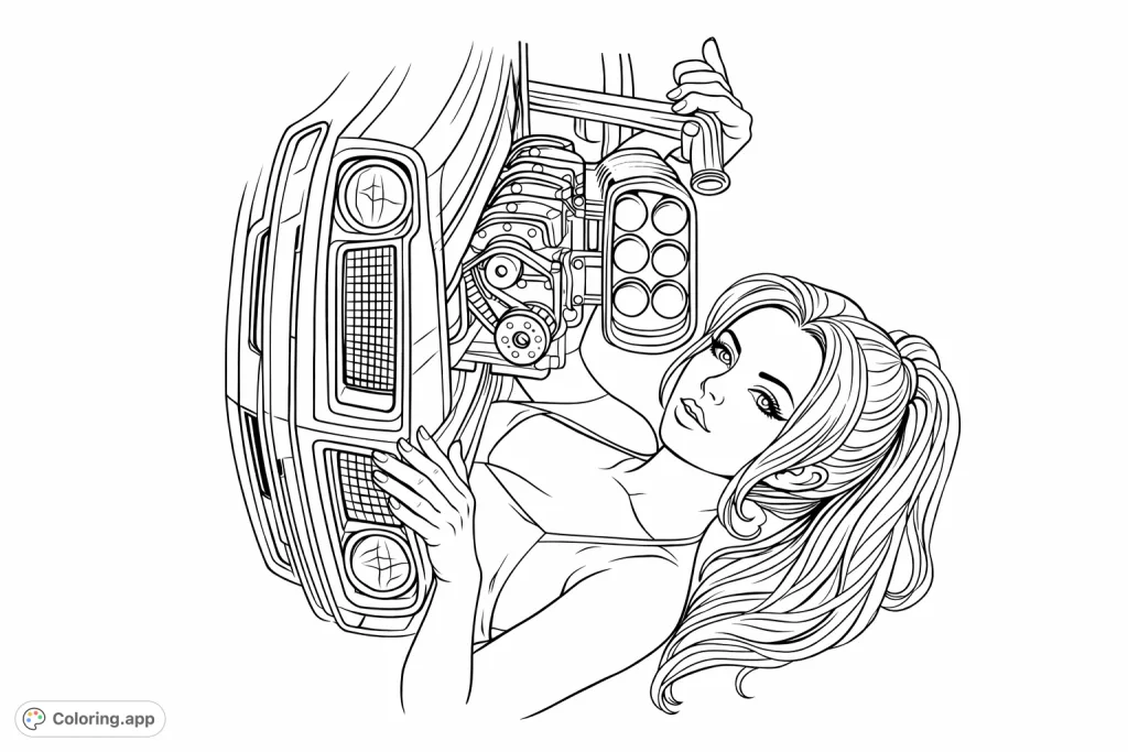 Detailed classic car and confident woman coloring page. Perfect for automotive art enthusiasts, offering intricate mechanical details and a sophisticated subject.