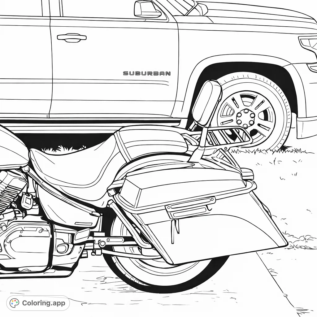 A detailed cruiser motorcycle with saddlebags and a reflective luggage rack, parked with a large utility vehicle and grassy terrain. Great for vehicle enthusiasts.