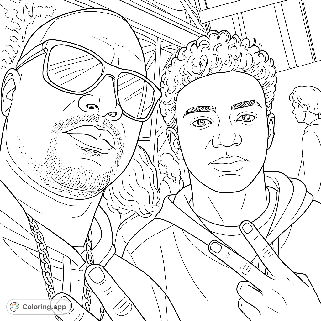 A detailed coloring page featuring an older and younger male in a close-up selfie, capturing expressions and a peace sign gesture.
