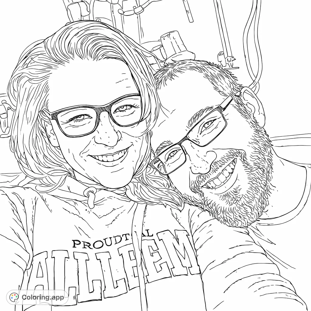A heartwarming coloring page featuring two smiling individuals in a close embrace. Celebrate connection and joy with this sweet portrait.