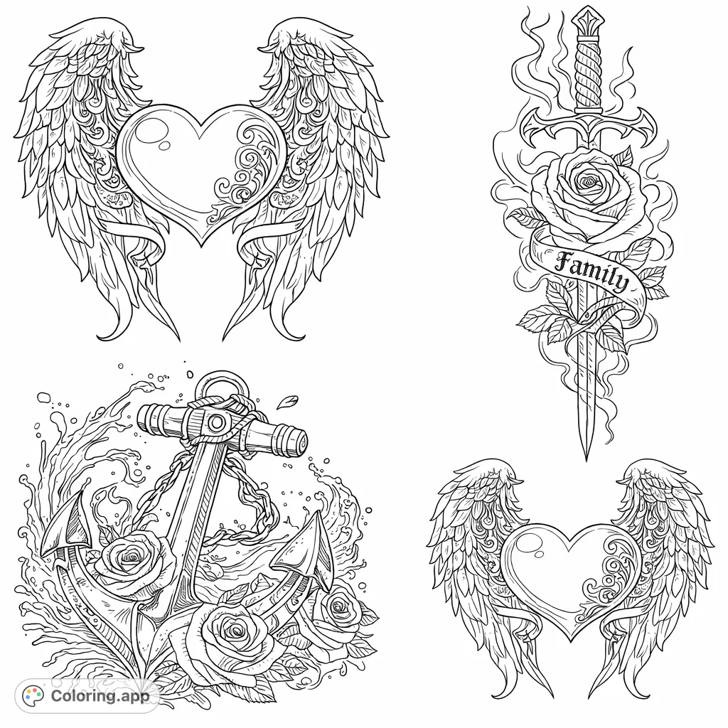 Explore a detailed collection of symbolic designs including winged hearts, a sword and rose, and an anchor with roses, perfect for expressive coloring.