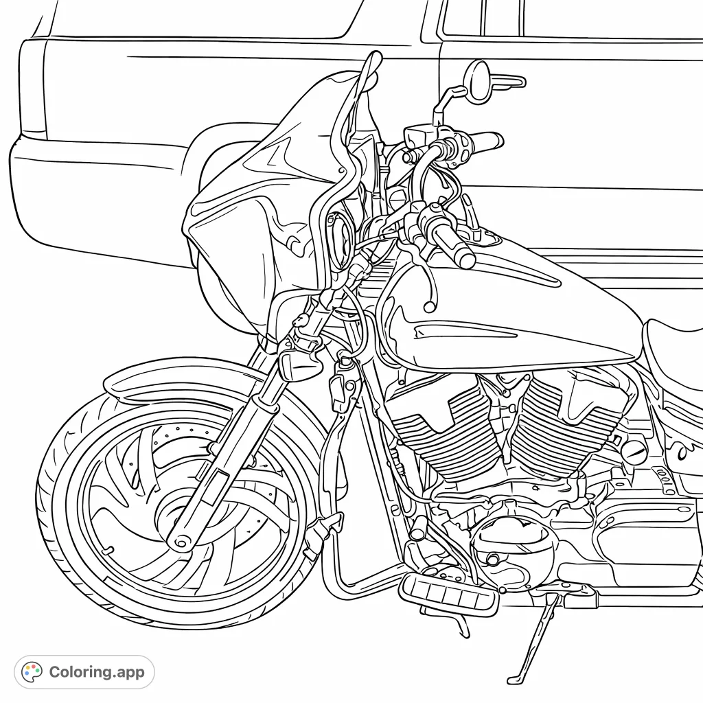 Detailed cruiser motorcycle coloring page, showcasing intricate engine components, stylized wheels, and a sleek design for enthusiasts of two-wheeled machines.