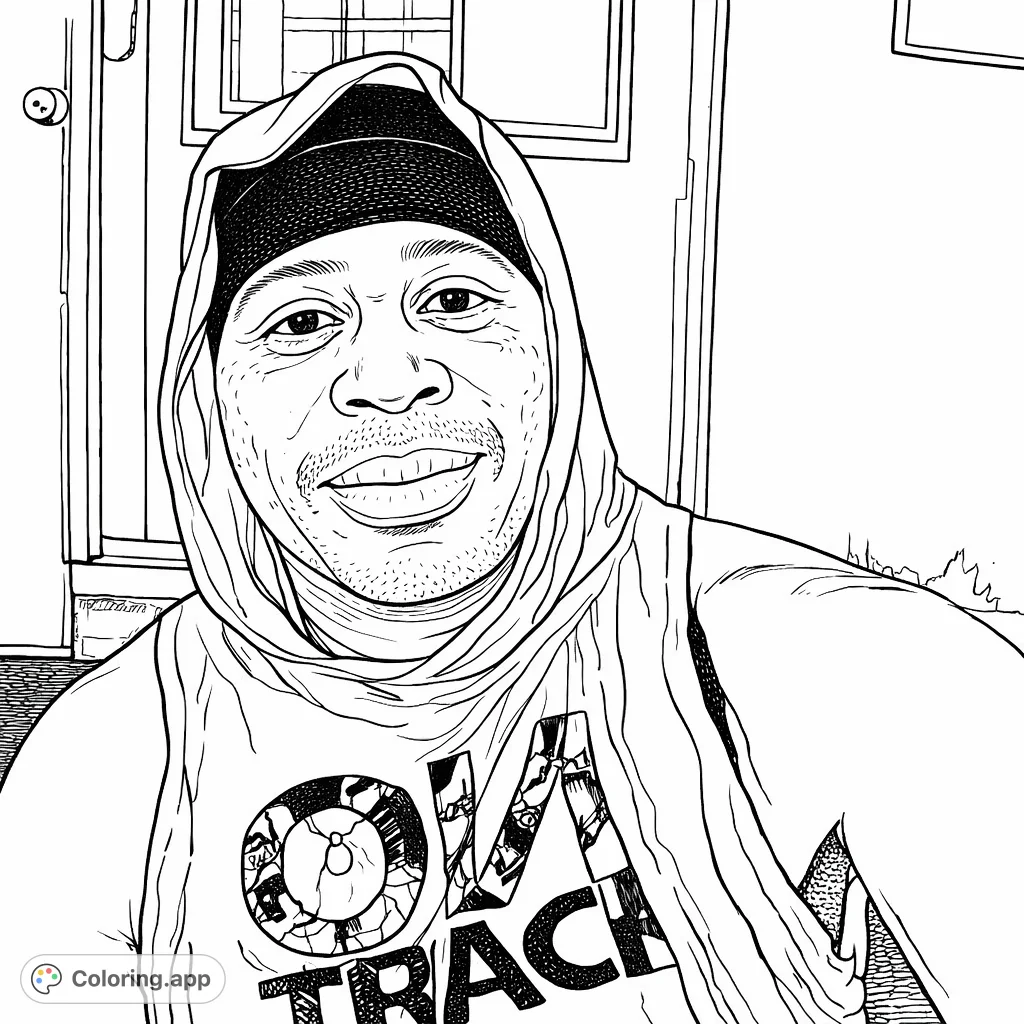 Color a portrait of a man in a hooded sleeveless top with a beanie and graphic design. Features a door and textured wall in the background for added detail.