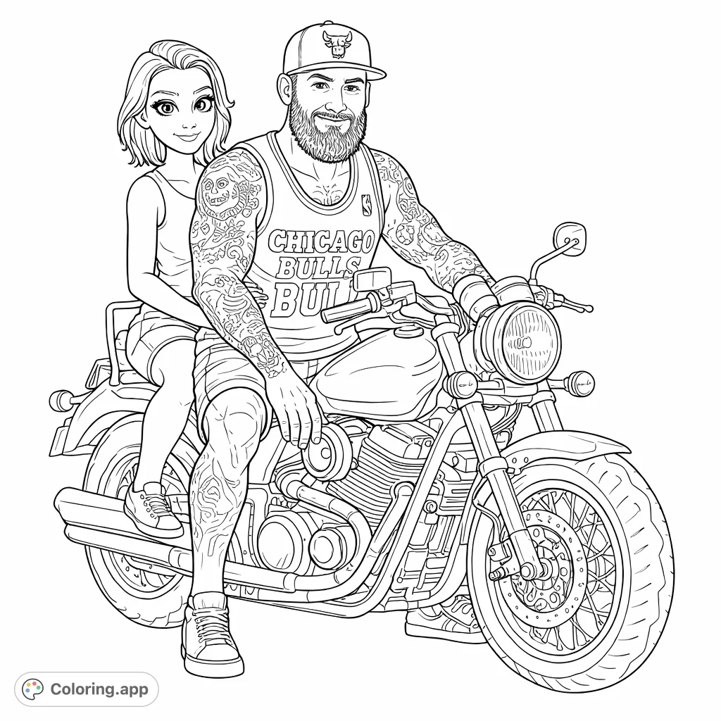 A stylish couple enjoys a relaxed urban motorcycle ride. Features a bearded rider with intricate tattoos and a stylized passenger, perfect for modern coloring.