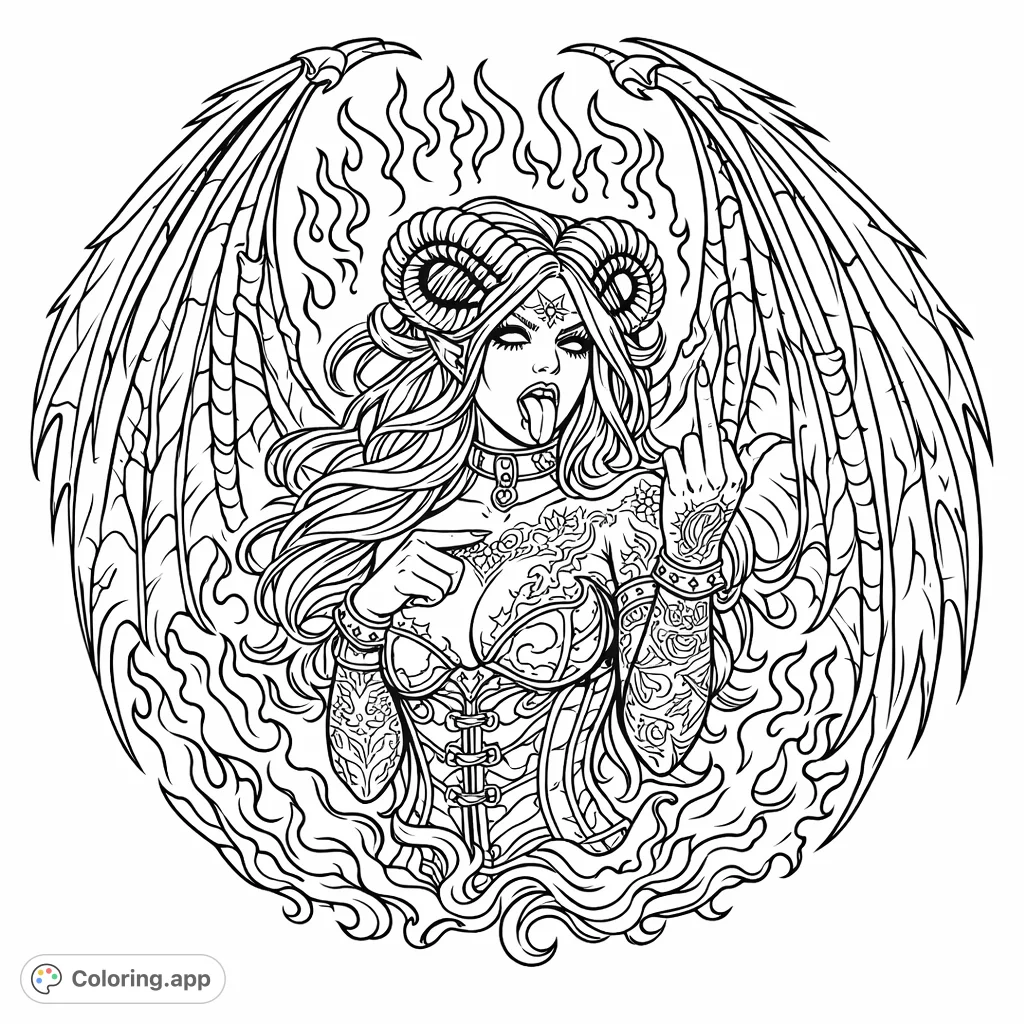 Unleash your creativity with this detailed gothic fantasy coloring page featuring a horned, winged figure surrounded by dynamic flame-like elements. Express your inner rebel.