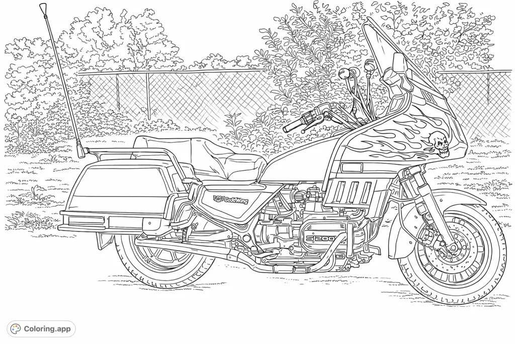 Detailed touring motorcycle with fierce flame and skull designs, intricate engine components, and large saddlebags, perfect for road enthusiasts.