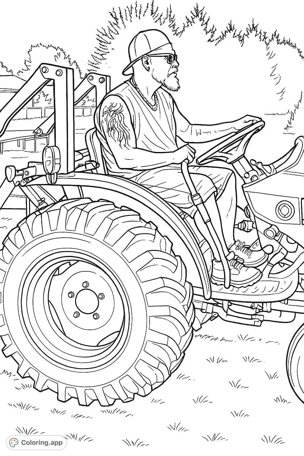A detailed coloring page featuring a man driving a rugged tractor with prominent tires and mechanical elements, set against a simple outdoor backdrop.