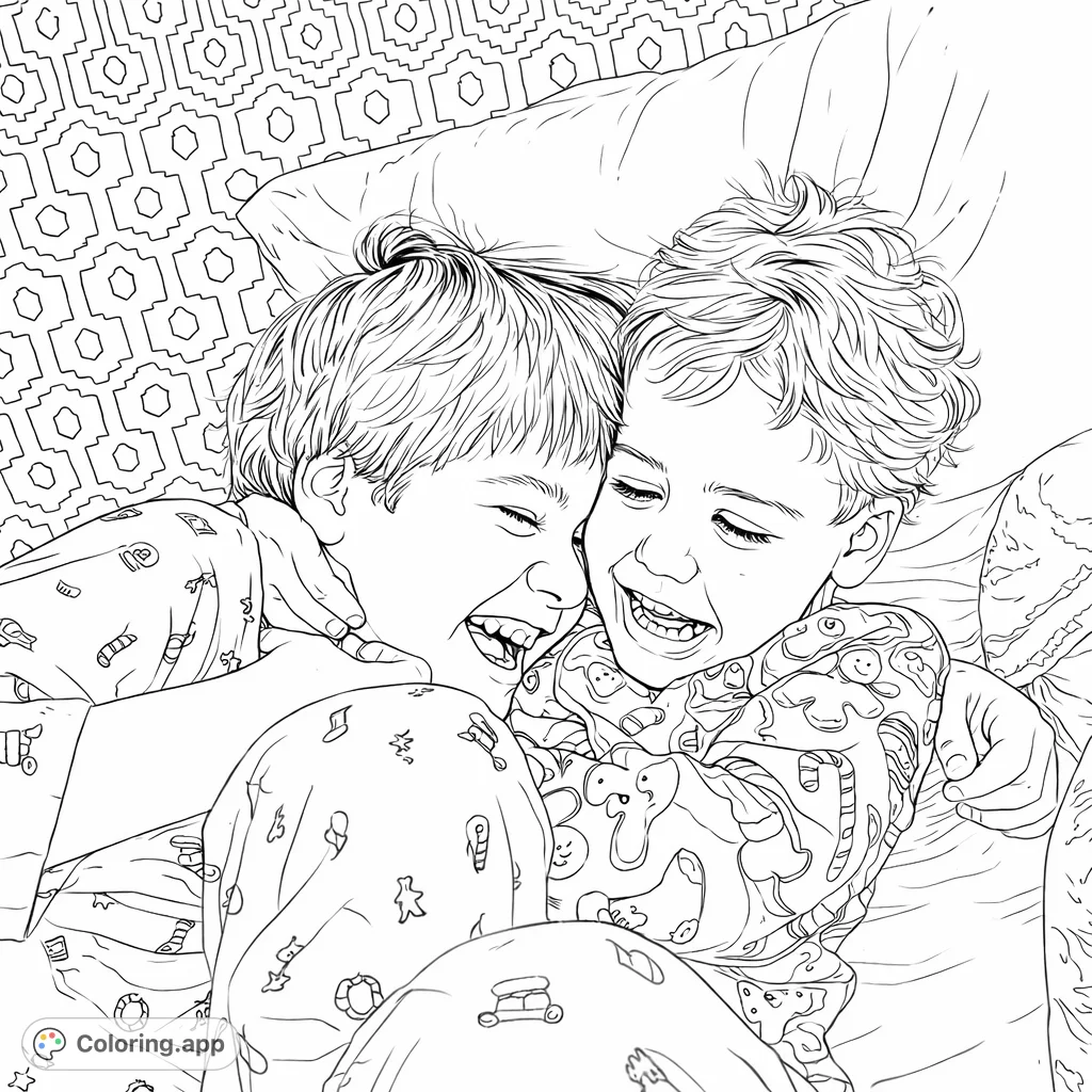Capture the heartwarming embrace of two children in patterned holiday pajamas, filled with laughter and festive cheer, perfect for seasonal coloring.