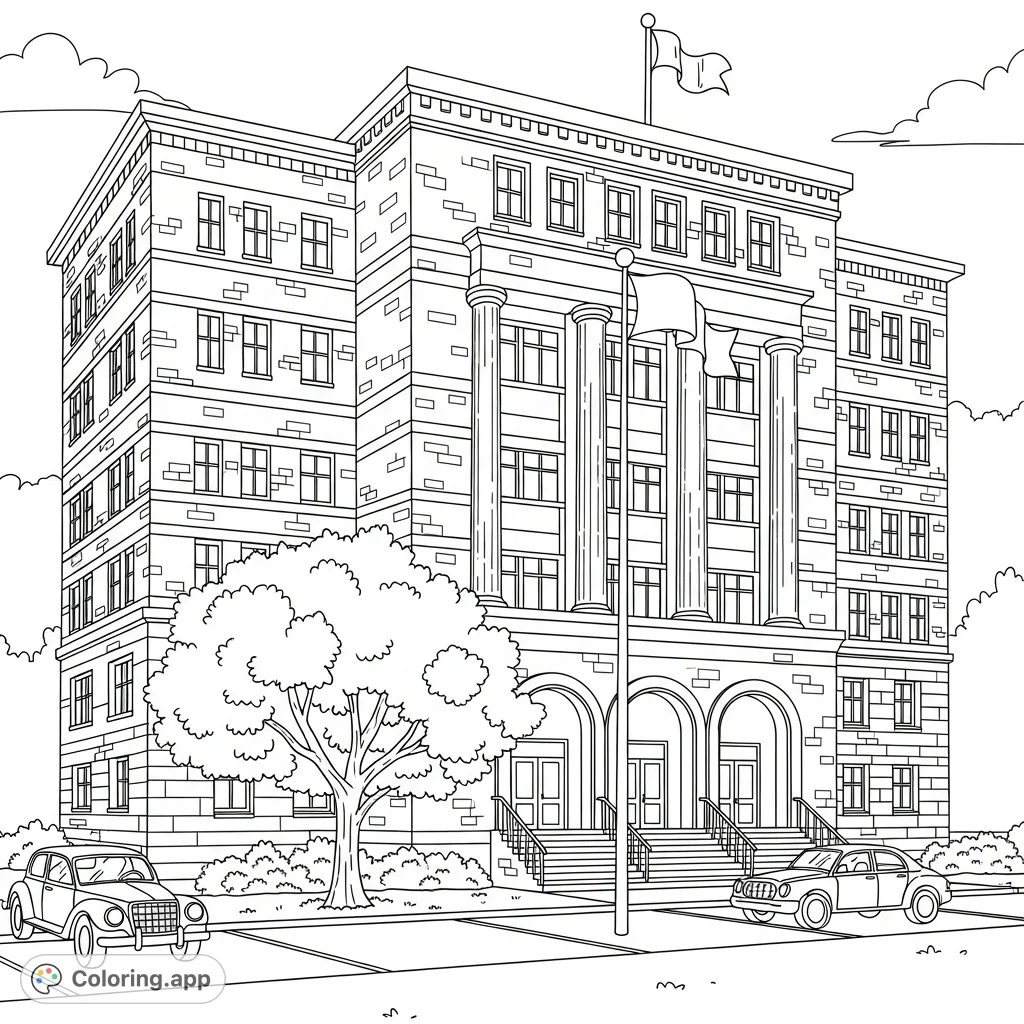 Color a majestic historic building with intricate architectural details, vintage cars, and a prominent tree, offering a challenging and rewarding experience.