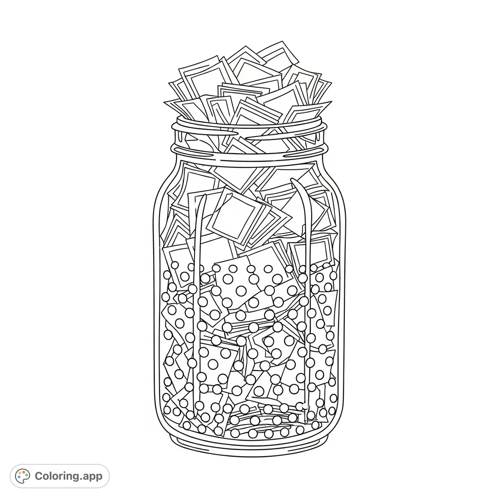 A charming jar filled with countless small paper pieces, highlighted by an eye-catching dotted pattern. Perfect for mindful coloring.