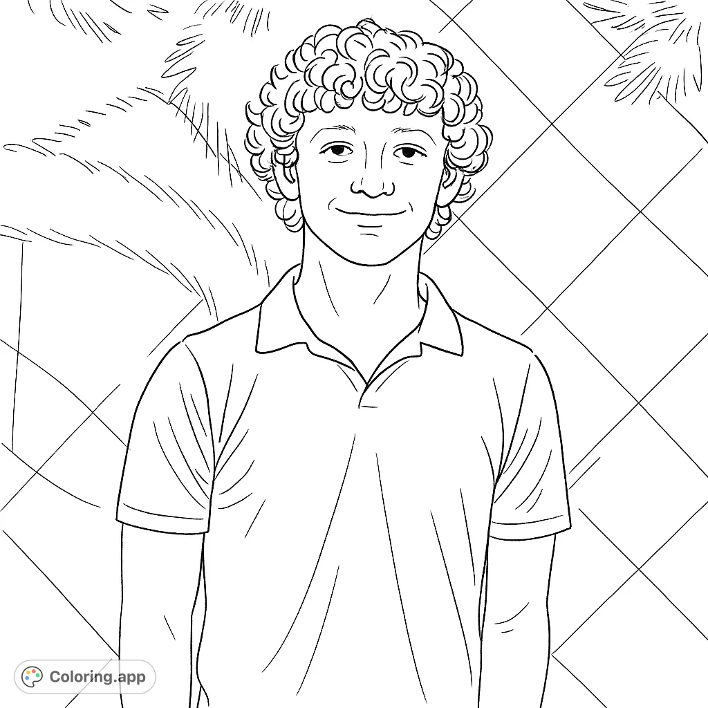 A charming, hand-drawn portrait coloring page featuring a smiling young person with curly hair against a patterned background. Simple and engaging.